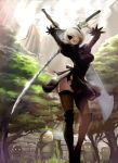  1girl black_dress black_legwear blade blindfold boots breasts closed_mouth day dress drone dual_wielding hairband holding holding_sword holding_weapon juliet_sleeves katana knee_boots long_sleeves medium_breasts mole mole_under_eye nier_(series) nier_automata outdoors panties puffy_sleeves rejun short_hair standing sunlight sword thigh-highs tree underwear weapon white_hair white_panties yorha_no._2_type_b 