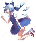  &gt;:d 1girl :d blue_bow blue_dress blue_eyes blue_hair bow cirno dress hair_bow highres ice ice_wings open_mouth puffy_short_sleeves puffy_sleeves red_ribbon red_shoes ribbon shiba_inu_(happy13227) shoes short_hair short_sleeves smile socks solo touhou white_background white_legwear wings 