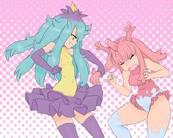  2girls :o ahoge aqua_eyes aqua_hair blush_stickers clenched_hands closed_eyes corsola covered_navel drawfag fang flat_chest gloves hair_pull highres horn leotard long_hair mareanie multicolored_hair multiple_girls personification pink_hair pokemon profile purple_gloves purple_hair purple_legwear standing thigh-highs two-tone_hair white_legwear yellow_sclera 