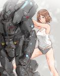  1girl bangs blue_eyes breasts brown_hair fallout_4 grey_panties looking_at_viewer medium_breasts panties parted_lips power_armor short_hair sketch smile solo sweat tank_top underwear yrafy 