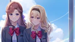  2girls arms_at_sides black_hairband blonde_hair blue_sky blush bow breast_pocket brown_hair buttons closed_mouth clouds collared_shirt day floating_hair grey_jacket hair_between_eyes hair_bow hair_ornament hairband hashtag-only_commentary highres indoors jacket light_particles long_hair long_sleeves looking_at_another looking_at_viewer looking_to_the_side multiple_girls open_clothes open_jacket parted_bangs pink_eyes pocket purple_bow raven_(rnzraven) red_bow saijou_claudine school_uniform seishou_music_academy_uniform shirt shoujo_kageki_revue_starlight side-by-side sidelocks sky smile tendou_maya upper_body violet_eyes wavy_hair white_shirt window x_hair_ornament 