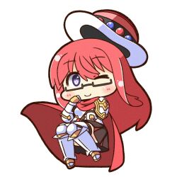  1girl armor armored_boots black-framed_eyewear black_skirt blush boots canvas_texture cape chibi chibi_only closed_mouth commentary_request full_body gauntlets glasses highres long_hair looking_at_viewer official_alternate_costume one_eye_closed pauldrons pleated_skirt ragnarok_online red_cape red_hair rune_knight_(ragnarok_online) shizukushigure shoulder_armor simple_background skirt smile solo standing violet_eyes white_background 