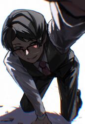  1boy absurdres arm_support backlighting black-framed_eyewear black_eyes black_hair black_pants black_vest breasts breasts_out chromatic_aberration collared_shirt commentary_request dress_shirt foreshortening full_body glasses highres kneeling long_sleeves looking_over_eyewear looking_to_the_side mole mole_under_eye necktie original over-rim_eyewear pants reaching reaching_towards_viewer rectangular_eyewear red_necktie saba_tet1126 semi-rimless_eyewear shirt short_hair signature simple_background smile solo tongue tongue_out vest white_background white_shirt 