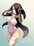  1girl black_hair black_jacket blackball breasts brown_eyes covered_navel emperor_penguin_(kemono_friends) hair_over_one_eye headphones highleg highleg_leotard jacket kemono_friends large_breasts leotard long_hair looking_at_viewer multicolored_hair open_clothes open_jacket orange_hair smile solo thigh-highs white_legwear white_leotard 