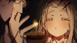  1boy 1girl black_hair blowing candle candlelight colored_eyelashes commentary_request covering_another's_mouth earrings food gakuen_idolmaster glasses grey_hair hair_ornament hairclip hand_over_another's_mouth hand_up idolmaster jewelry kasasagi_(futagodori888) long_hair looking_at_object muffin open_mouth orange_eyes parallel_hairclips portrait producer_(idolmaster) shinosawa_hiro short_hair stud_earrings sweatdrop 