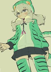  1girl black_bow black_bowtie black_eyes black_skirt blush boomslang_(kemono_friends) bow bowtie commentary_request cowboy_shot from_below green_hair green_hoodie green_thighhighs hair_between_eyes highres hood hood_up hoodie kemono_friends long_hair long_sleeves nenkou-san pleated_skirt print_hoodie print_thighhighs sidelocks skirt smile snake_girl snake_print snake_tail solo tail thigh-highs zettai_ryouiki 