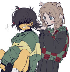  1girl 1other absurdres antlers bandaid bandaid_on_cheek bandaid_on_face black_skirt black_sweater blue_eyes blush_stickers brown_hair checkered_sweater_vest colored_skin deer_girl deltarune freckles green_sweater grin hair_over_eyes highres horns kris_(deltarune) noelle_holiday pleated_skirt skirt smile socks sweater sweater_vest tying_another's_hair utdr_(toby_fox) wa_noko white_socks yellow_skin 