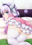  1girl ass bangs blue_eyes blunt_bangs dragon_girl dragon_horns hair_ornament hairband highres horns kanna_kamui kobayashi-san_chi_no_maidragon lavender_hair long_hair morokoshi_(tekku) solo tail thigh-highs twintails white_legwear 