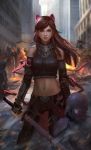  1girl absurdres andy_liong animal_ears armor belt blue_eyes blurry brown_hair building cat_ears contrapposto depth_of_field detached_sleeves embers fake_animal_ears fire flag gauntlets groin hairband helmet highres katana long_hair midriff navel original shield smile sword weapon 