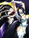  1boy 1girl absurdres ainz_ooal_gown albedo armpits arms_up bare_hips black_hair black_wings breasts choker cleavage dress elbow_gloves gloves glowing glowing_eyes hair_between_eyes highres hip_vent horns jewelry large_breasts long_hair open_mouth overlord_(maruyama) red_eyes ring skull slit_pupils white_dress white_gloves wide_hips wings yellow_eyes 