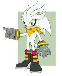  1boy absurdres aqua_eyes artist_name black_boots boots border bracelet chest_fur closed_mouth commentary english_commentary full_body furry furry_male gloves gold_bracelet green_background grey_gloves hedgehog_boy highres index_finger_raised jewelry looking_at_viewer male_focus official_alternate_design outside_border outstretched_arm pointing prototype_design serious silver_the_hedgehog solo sonic_(series) sonic_the_hedgehog_(2006) standing tail tsurime twitter_username waitochan white_border white_fur 