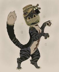  cat colored_sclera commentary disembodied_head english_commentary film_grain furry head_in_jar headless highres original rope scar solid_circle_pupils sorochii standing swirl tag tiger_stripes white_background yellow_sclera 