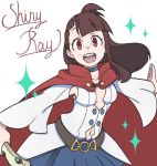  1girl :d breasts cape cleavage cosplay detached_sleeves kagari_atsuko little_witch_academia looking_at_viewer nakajima_asuka navel navel_cutout open_mouth red_eyes shiny_chariot shiny_chariot_(cosplay) shiny_rod smile solo sparkle 