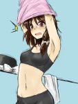  /\/\/\ 1girl @_@ armpits arms_up bangs black_bra black_hat blue_background blush bow bra breasts brown_hair commentary_request cowboy_shot efukei eyebrows_visible_through_hair hair_between_eyes hat hat_bow hat_removed headwear_removed highres looking_at_viewer medium_breasts navel open_mouth red_eyes sidelocks simple_background sketch solo sports_bra stomach sweat touhou underwear undressing usami_renko white_bow 