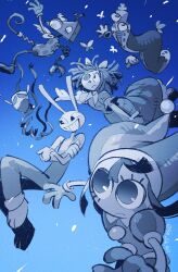  1other 2boys 3girls animal_ears blue_background blue_theme bug butterfly commentary crossed_arms dress falling fur-trimmed_robe fur_trim furry furry_male gangle_(the_amazing_digital_circus) hat highres jax_(the_amazing_digital_circus) jester_cap kinger_(the_amazing_digital_circus) mask multiple_boys multiple_girls pomni_(the_amazing_digital_circus) rabbit_boy rabbit_ears ragatha_(the_amazing_digital_circus) robe short_hair signature the_amazing_digital_circus triangle yamainuken zooble_(the_amazing_digital_circus) 