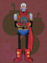  1boy 2022 2d armor artist_name blue_shorts blush boots box christmas christmas_sweater colored_blush digital_media full_body gift gift_box gloves green_sweater highres holding holding_box holding_gift humanoid long_scarf male male_focus male_only orange_blush papyrus_(undertale) red_background red_boots red_gloves red_scarf scarf sel_mesanity shorts simple_background skeleton sketch solo standing star_(symbol) starry_background straight-on sweater teeth undead undersized_clothes undertale utdr_(toby_fox) variant_set white_armor 