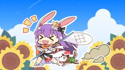  >_< 1girl animal_ears arm_wrap black_bow black_shorts blue_sky blush bow bug_cage butterfly_net canvas_texture chibi chibi_only clouds commentary_request crown day desert_wolf_(ragnarok_online) flower foot_wraps full_body gloves hair_bow hand_net highres holding holding_butterfly_net long_hair mini_crown official_alternate_costume open_mouth orange_scarf outdoors purple_hair rabbit_ears rabbit_girl ragnarok_online running scarf shirt shizukushigure shorts sky smile solo sunflower sura_(ragnarok_online) white_shirt wolf_cub yellow_gloves 