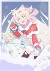  2girls absurdres animal_ear_fluff animal_ears blonde_hair blue_hair blue_scarf border capelet closed_eyes coat dog_ears dog_girl dog_tail fuwawa_abyssgard highres holding holding_shovel hololive hololive_english long_hair mococo_abyssgard mococo_abyssgard_(1st_costume) multicolored_hair multiple_girls navel perroccino_(fuwamoco) pink_hair pink_scarf pulsar_d39 red_capelet scarf shirt short_hair shorts shovel snow tail two-tone_hair virtual_youtuber white_border white_coat white_shirt white_shorts 