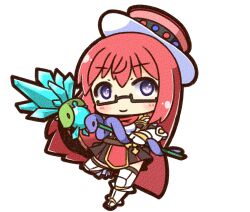  1girl armored_boots black-framed_eyewear black_skirt blush boots canvas_texture cape chibi chibi_only closed_mouth commentary_request full_body glasses hat holding holding_staff ice long_hair official_alternate_costume pink_hair pink_hat pleated_skirt ragnarok_online red_cape rune_knight_(ragnarok_online) shizukushigure simple_background skirt smile snake solo staff standing standing_on_one_leg violet_eyes white_background 