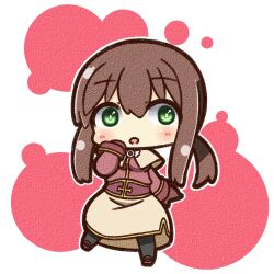  1girl :o acolyte_(ragnarok_online) black_pantyhose blush brown_gloves brown_hair brown_shirt brown_skirt canvas_texture chibi chibi_only commentary_request full_body gloves green_eyes hand_up long_sleeves looking_at_viewer medium_hair open_mouth pantyhose ragnarok_online shirt shizukushigure simple_background skirt solo standing white_background 