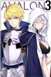  1boy 1girl ahoge armor blonde_hair breasts closed_eyes fate/grand_order fate/prototype fate_(series) genderswap genderswap_(mtf) green_eyes hood looking_at_viewer merlin_(fate/stay_night) saber_(fate/prototype) shijiu_(adamhutt) short_hair smile white_hair 