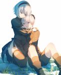  1boy 1girl black_clothes blue_eyes blush boots breasts choker commentary dress eyelashes gloves hetero hug hug_from_behind juliet_sleeves long_sleeves mole mole_under_mouth natural_wind nier_(series) nier_automata open_mouth pale_skin puffy_sleeves seiza short_hair shorts simple_background sitting thigh-highs thigh_boots yorha_no._2_type_b yorha_no._9_type_s 