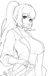  absurdres belt breasts coat gloves hand_on_hilt high_ponytail highres hong_sa ishmael_(project_moon) jeong's_office_(identity)_(project_moon) large_breasts light_frown limbus_company long_hair looking_at_viewer monochrome ponytail project_moon rope solo sword weapon 