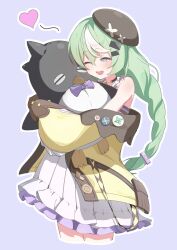  1girl ;d absurdres beret black_choker black_hat braid choker commentary_request cropped_legs dress frilled_dress frills green_hair hat heart highres hugging_doll hugging_object jacket long_hair long_sleeves low_twin_braids multicolored_hair nazuna_(stella_sora) numumu183128 off_shoulder one_eye_closed open_clothes open_jacket open_mouth outline pink_eyes sherlock_(stella_sora) short_dress sleeveless sleeveless_dress smile solo standing stella_sora streaked_hair stuffed_animal stuffed_penguin stuffed_toy tilted_headwear twin_braids very_long_hair white_dress white_outline white_streaks yellow_jacket 