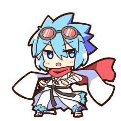  1boy :o arm_wrap barefoot blue_eyes blue_hair canvas_texture chibi chibi_only commentary_request full_body goggles goggles_on_head hair_between_eyes looking_at_viewer male_focus official_alternate_costume open_mouth pants ragnarok_online red_scarf scarf shirt shizukushigure short_hair simple_background sleeveless sleeveless_shirt solo spiky_hair standing sura_(ragnarok_online) white_background white_pants white_shirt 