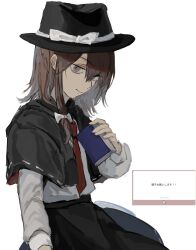  1girl asymmetrical_hair black_capelet black_hat black_skirt book bow brown_eyes brown_hair capelet commentary_request cowboy_shot fedora from_side ganmodoki443 hair_bow hat hat_bow highres holding holding_book long_sleeves looking_at_viewer medium_hair necktie red_necktie request_inset ribbon-trimmed_capelet ribbon-trimmed_skirt ribbon_trim shade shirt shirt_tucked_in skirt solo touhou two-tone_capelet usami_renko white_background white_bow white_shirt 