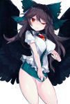  1girl absurdres bare_legs black_hair black_wings blouse blush bow breasts feathered_wings green_skirt hair_bow highres large_breasts long_hair microskirt mikomo0106 one_eye_closed puffy_short_sleeves puffy_sleeves red_eyes reiuji_utsuho short_sleeves skirt skirt_tug solo thighs touhou white_blouse wings 