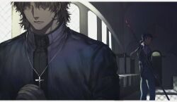  2boys armor awwwwwmm68 black_hair blue_bodysuit blue_hair bodysuit church cross cross_necklace cu_chulainn_(fate) cu_chulainn_(fate/stay_night) cu_chulainn_(lancer)_(fate) fate/stay_night fate_(series) gae_bolg_(fate) highres holding holding_polearm holding_weapon jewelry kotomine_kirei letterboxed multiple_boys necklace polearm priest red_eyes shoulder_armor spear weapon window 