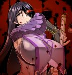  1girl armpit_cutout blood blood_on_face bloody_clothes bodysuit breasts fate/grand_order fate_(series) gloves glowing glowing_eye huge_breasts long_hair looking_at_viewer minamoto_no_raikou_(fate/grand_order) purple_hair saizu_nitou_gunsou solo very_long_hair violet_eyes weapon 