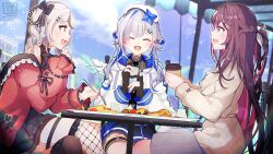  3girls amane_kanata amane_kanata_(work) angel angel_wings azki_(4th_costume)_(hololive) azki_(hololive) beret black_dress black_gloves black_streaks blue_hair brown_dress closed_eyes commentary_request cup disposable_cup dress fingerless_gloves fork gloves hair_intakes hat highres holding holding_cup holding_fork hololive jacket mole mole_under_eye multiple_girls nail_polish official_alternate_costume open_mouth pink_hair pink_streaks red_eyes red_jacket red_nails sakamata_chloe sakamata_chloe_(jirai_kei) satsuki_(pixiv_742410) virtual_youtuber white_hat white_streaks wings 