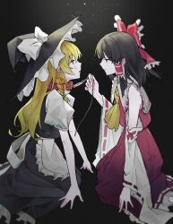  2girls absurdres animal_collar apron ascot black_hat black_skirt black_vest blonde_hair blush bow braid brown_hair chain collar commentary_request detached_sleeves eye_contact frilled_bow frilled_hair_tubes frills green_bow hair_bow hair_tubes hakurei_reimu hat hat_bow highres holding holding_chain kirisame_marisa long_hair looking_at_another multiple_girls open_mouth puffy_short_sleeves puffy_sleeves red_bow red_collar red_eyes red_skirt ribbon-trimmed_sleeves ribbon_trim sei_(sei_ha1) short_sleeves side_braid single_braid sitting skirt skirt_set touhou vest white_apron white_bow witch_hat yellow_ascot yellow_eyes yuri 