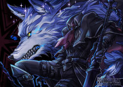 1boy ascot black_boots black_coat black_gloves boots chain coat eye_trail fangs fate/grand_order fate_(series) gloves headless hessian_(fate) holding holding_weapon light_trail lobo_(fate) misuke_(gyouran) mouth_trail weapon wolf 