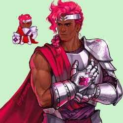 1boy armor braid braided_ponytail cape closed_mouth commentary cookie_run cookie_run:_kingdom dark-skinned_male dark_skin english_commentary gauntlets green_background grey_armor hair_behind_ear hair_tie humanization lips looking_to_the_side male_focus medium_hair muscular muscular_male nijuuni official_art_inset own_hands_together pink_hair red_cape red_eyes reference_inset shoulder_armor sideways_glance simple_background single_bare_shoulder single_braid solo sparkle thick_eyebrows twitter_username upper_body wildberry_cookie