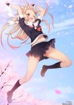  blonde_hair cherry_blossoms gloves highres jumping kantai_collection long_hair nyum one_eye_closed open_mouth red_eyes remodel_(kantai_collection) scarf school_uniform twitter_username yuudachi_(kantai_collection) 