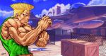  1boy aircraft airplane american_flag blonde_hair blue_sky clenched_hand fighter_jet fighting_stance flattop guile highres jet manly military military_vehicle muscle serious sky solo street_fighter street_fighter_v tank_top tattoo veins wallace_pires 