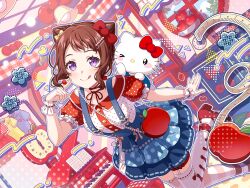 2girls :p apple apple_bag apple_earrings bag bang_dream! blue_skirt bow brown_hair buttons clock dot_nose dress earrings food food-themed_bag fruit furry furry_female hello_kitty hello_kitty_(character) piano polka_dot_dress puffy_sleeves sanrio short_hair skirt_bow smile thighhighs tongue tongue_out toyama_kasumi violet_eyes white_thighhighs