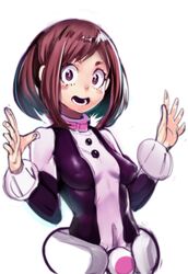  1girl belt blush_stickers bodysuit boku_no_hero_academia breasts brown_eyes brown_hair choker erect_nipples eyebrows open_mouth sho-n-d short_hair small_breasts solo uraraka_ochako 