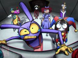  1boy 1other 3girls asymmetrical_gloves black_hair blue_bow blue_dress blue_eyes blue_gloves blue_hat blush_stickers bow clenched_teeth colored_sclera colored_skin colored_teeth commentary dress english_commentary fleuringo fur-trimmed_robe fur_trim gangle_(the_amazing_digital_circus) gloves hair_bow hat heterochromia jax_(the_amazing_digital_circus) jester_cap kinger_(the_amazing_digital_circus) mask mismatched_gloves multiple_girls pomni_(the_amazing_digital_circus) purple_robe ragatha_(the_amazing_digital_circus) red_eyes red_gloves red_hair red_hat red_ribbon ribbon robe short_hair striped_hat tears teeth the_amazing_digital_circus two-tone_hat white_skin yellow_gloves yellow_sclera yellow_teeth zooble_(the_amazing_digital_circus) 