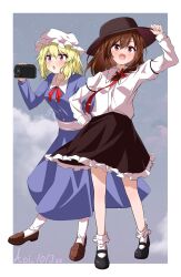  2girls :o aoi_1013ss asymmetrical_hair black_hat black_shoes black_skirt blonde_hair blue_dress blush border bow brown_eyes brown_hair brown_shoes buttons camcorder camera clouds commentary dress frilled_skirt frills full_body hair_bow hand_on_headwear hand_on_own_hip hat highres holding holding_camera leaning_forward loafers long_sleeves maribel_hearn mary_janes medium_hair mob_cap multiple_girls necktie open_mouth red_bow red_necktie shirt shirt_tucked_in shoes skirt socks standing star_(sky) tie_clip touhou twitter_username usami_renko video_camera violet_eyes waist_ribbon white_border white_hat white_shirt white_socks wingtip_collar 