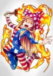 1girl aioi_aoi american_flag_dress american_flag_legwear bangs blonde_hair clownpiece dress fire full_body hat jester_cap long_hair long_sleeves looking_at_viewer neck_ruff open_mouth pantyhose polka_dot red_eyes short_dress simple_background smile solo star star_print striped teeth torch touhou touhou_sangetsusei very_long_hair 