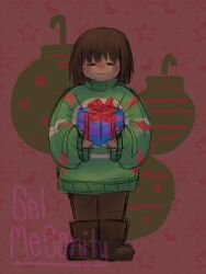 1other 2022 2d ambiguous_gender ankle_boots artist_name blue_shirt blue_shorts boots box brown_boots brown_hair child christmas christmas_sweater digital_media double_horizontal_stripe frisk_(undertale) full_body gift gift_box green_sweater highres holding holding_box holding_gift horizontal-striped_clothes human human_only long_sleeves other_focus pink_stripes red_background sel_mesanity shirt short_hair shorts simple_background sketch solo standing star_(symbol) starry_background straight-on striped_clothes striped_shirt sweater two-tone_shirt undertale utdr_(toby_fox) variant_set
