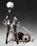 1girl 92m black_boots black_dress black_gloves black_hairband blindfold boots dress full_body gloves hairband high_heel_boots high_heels highres holding holding_sword holding_weapon juliet_sleeves katana lips long_sleeves nier_(series) nier_automata pale_skin puffy_sleeves solo sword thigh-highs weapon white_skin yorha_no._2_type_b 