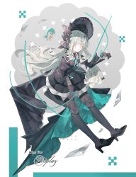  1girl absurdres animal_ears arknights bang_dream! bang_dream!_it's_mygo!!!!! black_bonnet black_dress black_gloves black_shoes black_thighhighs bonnet chinese_commentary closed_mouth commentary_request dress expressionless floppy_ears full_body gloves gothic_lolita green_hair grey_background hair_ornament high_heels highres lolita_fashion long_hair long_sleeves looking_at_viewer que_zi_xu_ran rabbit_ears rabbit_girl sample_watermark shoes sidelocks solo sparkle standing stuffed_animal stuffed_penguin stuffed_rabbit stuffed_toy thigh-highs wakaba_mutsumi wakaba_mutsumi_(marionette's_id) watermark x_hair_ornament yellow_eyes 