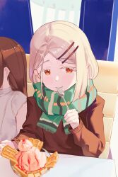  2girls absurdres blonde_hair blouse booth_seating brown_coat brown_hair closed_mouth coat colored_eyelashes commentary couch eating enpera food gakuen_idolmaster green_scarf hair_ornament hairclip hand_on_table hand_up highres holding holding_spoon idolmaster kuramoto_china long_hair long_sleeves looking_at_viewer multiple_girls on_couch orange_eyes out_of_frame parallel_hairclips parfait parted_bangs pov_across_table scarf shinosawa_hiro shirt short_sleeves sitting solo_focus spoon symbol-only_commentary table upper_body utensil_in_mouth white_shirt zennyxd 