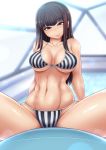  1girl abs bare_shoulders black_hair breasts cleavage collarbone green_eyes highres large_breasts long_hair looking_at_viewer medium_breasts navel persona persona_5 ponpo smile solo spread_legs swimsuit thighs tougou_hifumi 