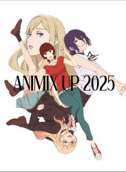  2025 4girls arched_back bare_arms bare_shoulders belt black_choker black_ribbon black_shorts black_socks black_sweater blonde_hair blue_eyes blue_pants blue_skirt blunt_bangs breasts brown_hair brown_shoes chainsaw_man choker collared_shirt colored_tips commentary_request denim earrings english_text full_body gigi_andalusia gradient_hair green_eyes gundam gundam_hathaway's_flash hair_between_eyes hair_bun highres iwazawa_toru jeans jewelry kitagawa_marin light_blush loafers long_hair medium_breasts medium_hair multicolored_hair multiple_girls neck_ribbon necktie open_mouth pants paprika paprika_(character) parted_lips pink_eyes pink_hair pink_lips pleated_skirt purple_hair red_necktie red_shirt reze_(chainsaw_man) ribbon shirt shirt_under_sweater shoes short_hair short_sleeves shorts skirt sleeveless sleeveless_shirt smile sneakers socks sono_bisque_doll_wa_koi_wo_suru sweater swept_bangs two-tone_hair updo upper_body white_background white_belt white_shirt 